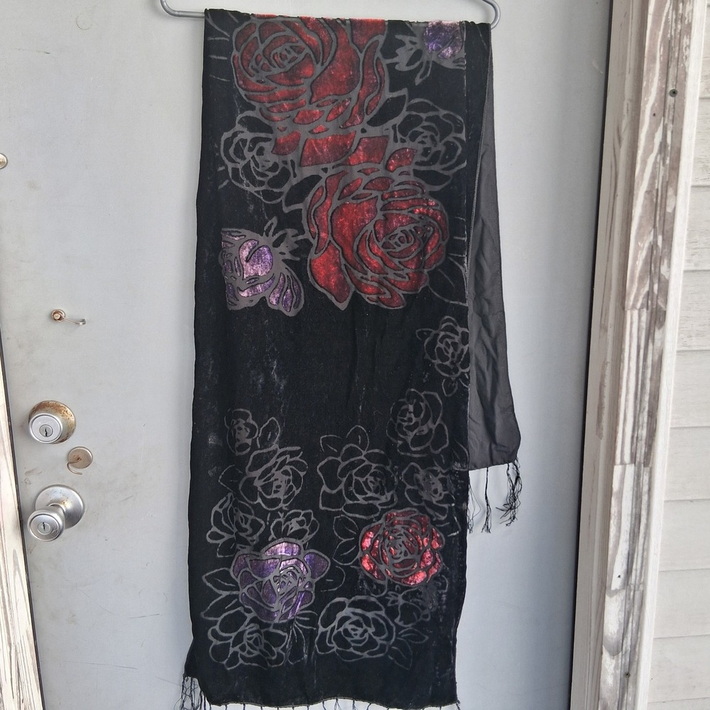 Whimsigoth Shawl Wrap Crushed Black Velvet Red Purple Roses Moody Romantic EUC - Picture 1 of 9